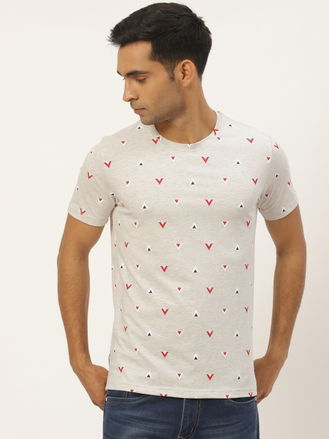 

RED & BLUE Men Grey Melange Printed Pure Cotton Round Neck T-shirt