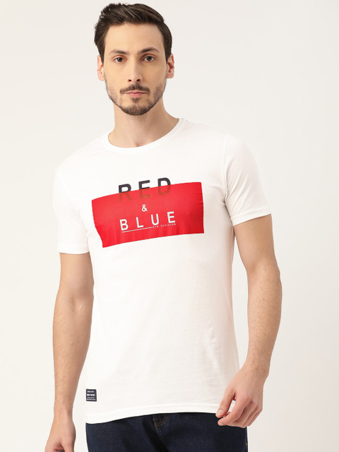 

RED & BLUE Men White & Red Pure Cotton Printed Round Neck T-shirt
