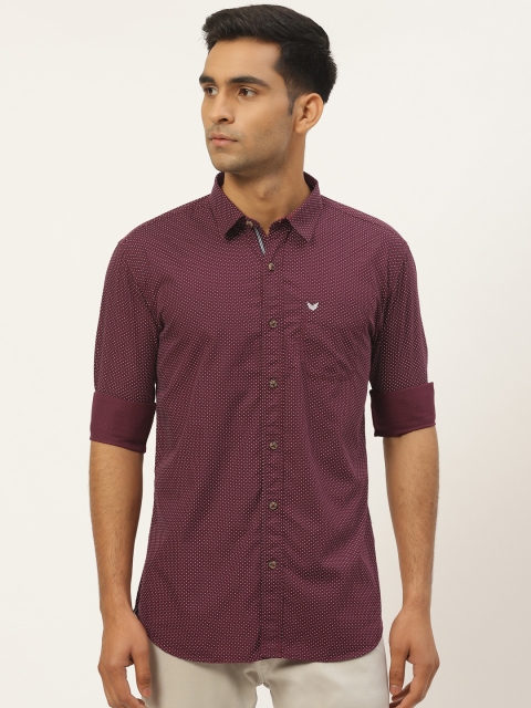 

RED & BLUE Men Burgundy & White Pure Cotton Slim Fit Micro Ditsy Printed Casual Shirt
