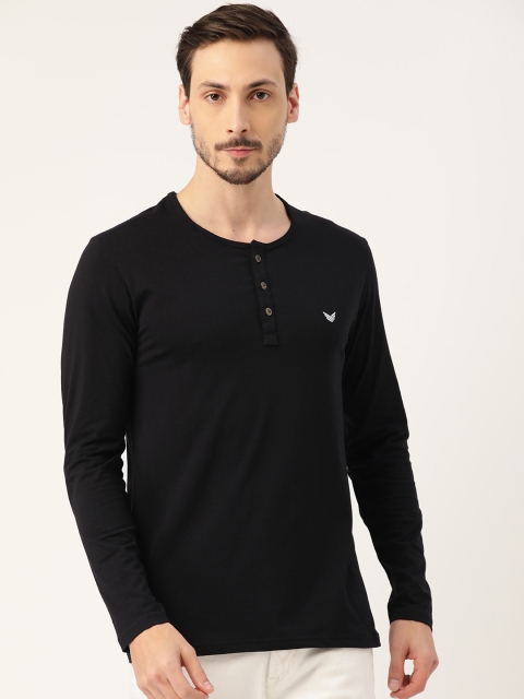 

RED & BLUE Men Black Pure Cotton Solid Henley Neck T-shirt