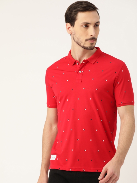 

RED & BLUE Men Red & Black Pure Cotton Printed Polo Collar T-shirt
