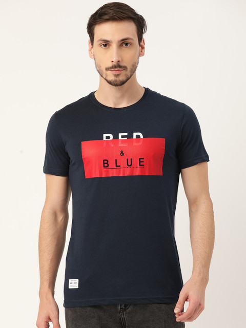 

RED & BLUE Men Navy Blue & Red Pure Cotton Printed Round Neck T-shirt