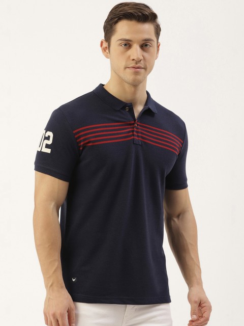 

RED & BLUE Men Navy Blue & Red Striped Pure Cotton Polo Collar T-shirt