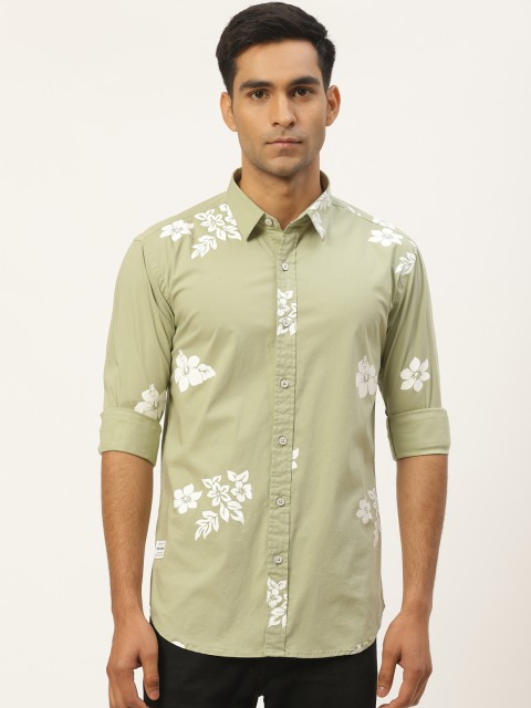 

RED & BLUE Men Green & White Slim Fit Floral Print Knitted Pure Cotton Casual Shirt