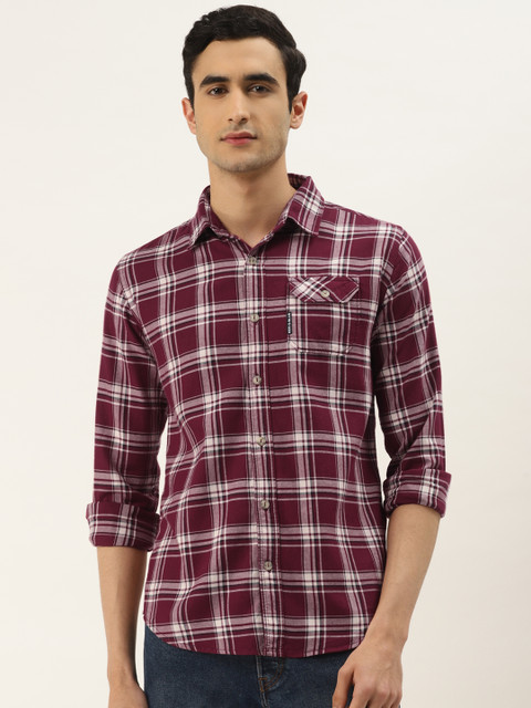 

RED & BLUE Men Burgundy & Off-White Slim Fit Checked Casual Shirt