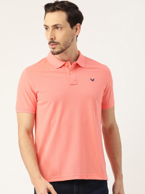 

RED & BLUE Men Coral Pink Pure Cotton Solid Polo Collar T-shirt