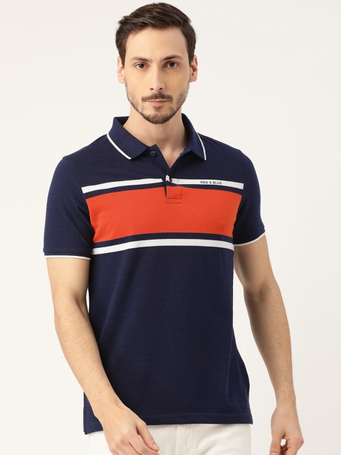 

RED & BLUE Men Navy Blue & Orange Pure Cotton Striped Detail Polo Collar T-shirt
