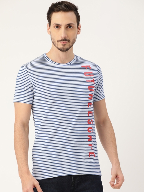 

RED & BLUE Men Navy Blue & White Striped Pure Cotton Round Neck T-shirt