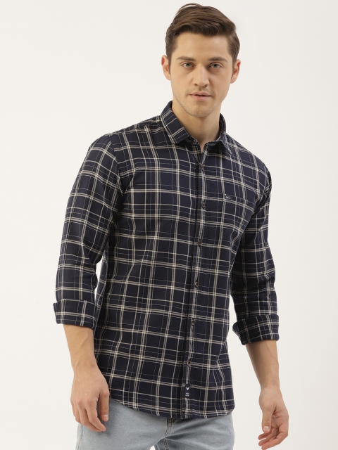 

RED & BLUE Men Navy Blue & White Slim Fit Checked Pure Cotton Casual Shirt