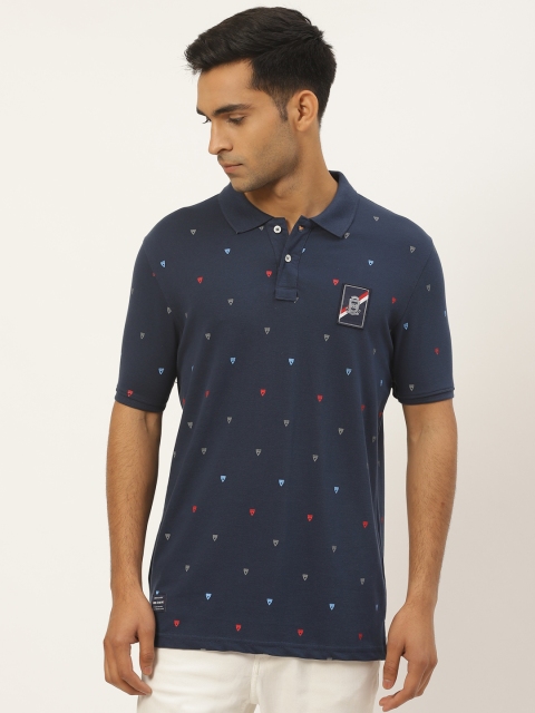 

RED & BLUE Men Navy Blue Printed Pure Cotton Polo Collar T-shirt