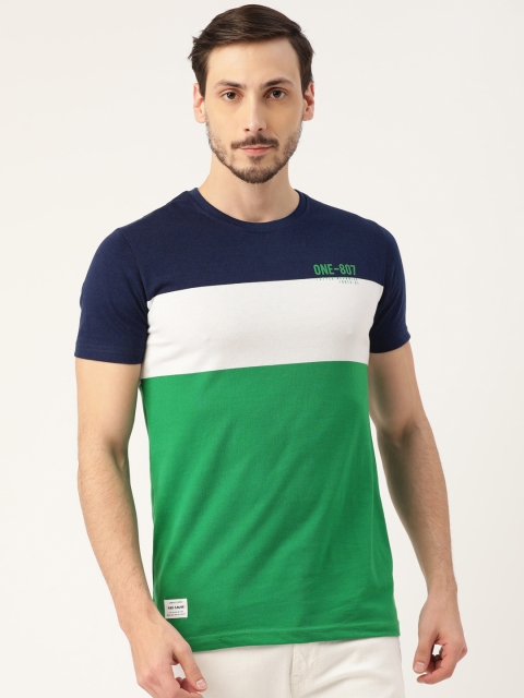 

RED & BLUE Men Green & Navy Blue Colourblocked Pure Cotton Round Neck T-shirt