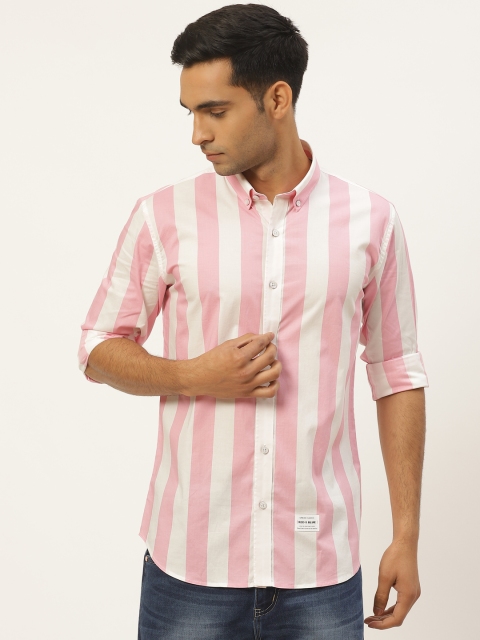 

RED & BLUE Men Pink & White Pure Cotton Knitted Slim Fit Striped Casual Shirt