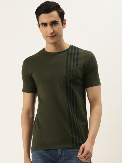

RED & BLUE Men Olive Green Striped Round Neck T-shirt