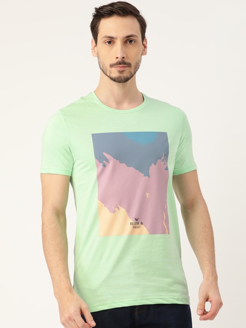 

RED & BLUE Men Green Pure Cotton Printed Round Neck T-shirt