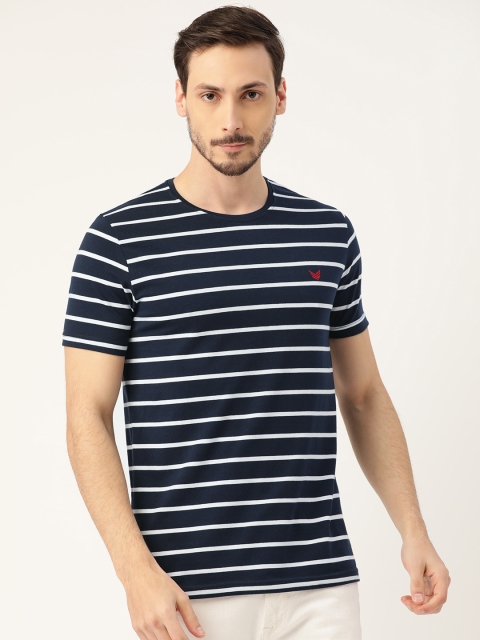 

RED & BLUE Men Navy Blue & White Pure Cotton Striped Round Neck T-shirt