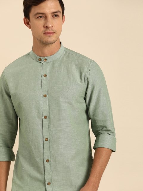 

ether Men Green Regular Fit Solid Cotton Linen Casual Shirt