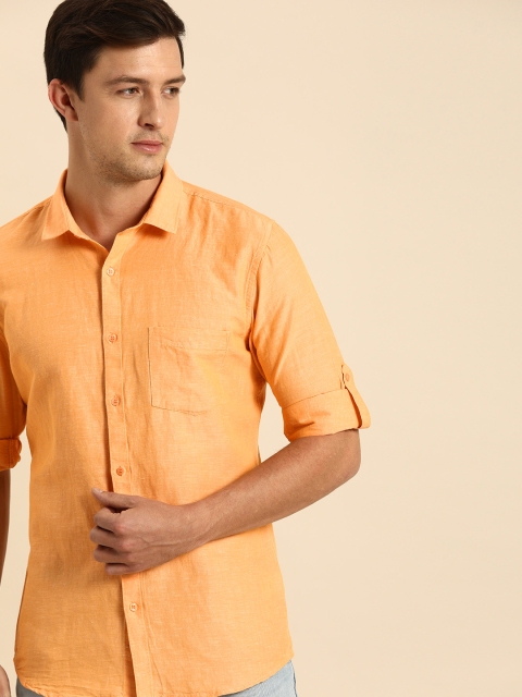 

ether Men Yellow Regular Fit Solid Cotton Linen Casual Shirt