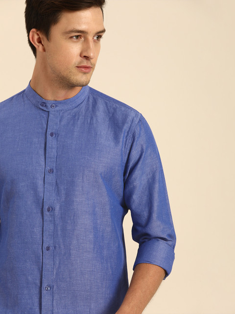 

ether Men Blue Regular Fit Solid Cotton Linen Casual Shirt