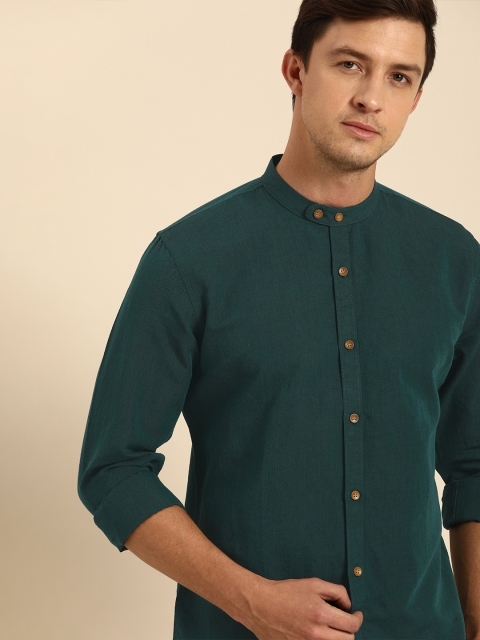 

ether Men Green Regular Fit Solid Cotton Linen Casual Shirt