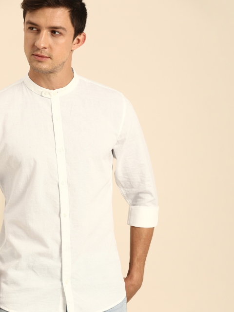 

ether Men White Regular Fit Solid Cotton Linen Casual Shirt