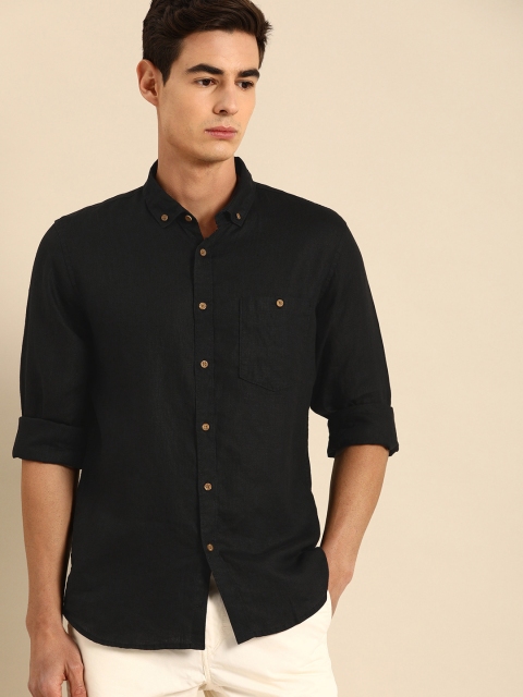 

ether Men Black Regular Fit Solid Casual 100% Linen Shirt