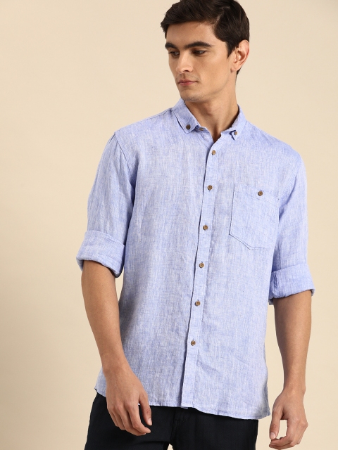 

ether Men Blue Regular Fit Solid 100% Linen Casual Shirt