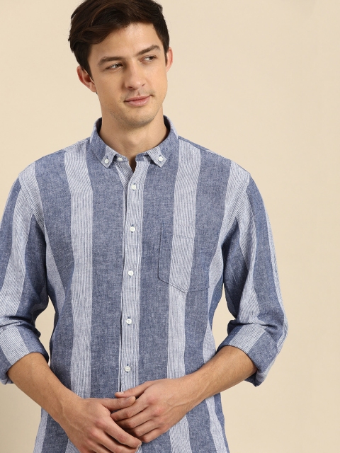 

ether Men Blue & White Striped Linen Cotton Casual Shirt