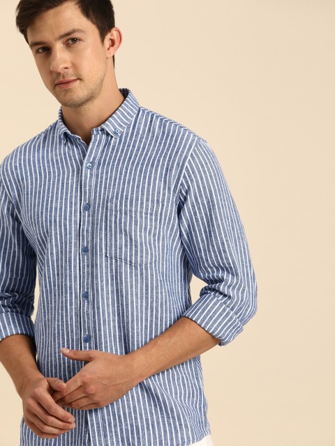 

ether Men Blue & White Regular Fit Striped Cotton Linen Casual Shirt
