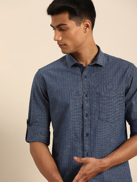 

ether Men Navy Blue & White Regular Fit Striped Casual Shirt