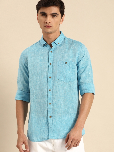 

ether Men Turquoise Blue Regular Fit Solid Casual 100% Linen Shirt