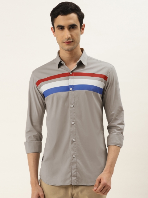 

RED & BLUE Men Grey & Blue Regular Fit Striped Knitted Pure Cotton Casual Shirt
