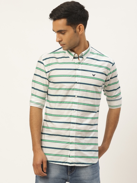 

RED & BLUE Men White & Green Regular Fit Striped Pure Cotton Casual Shirt
