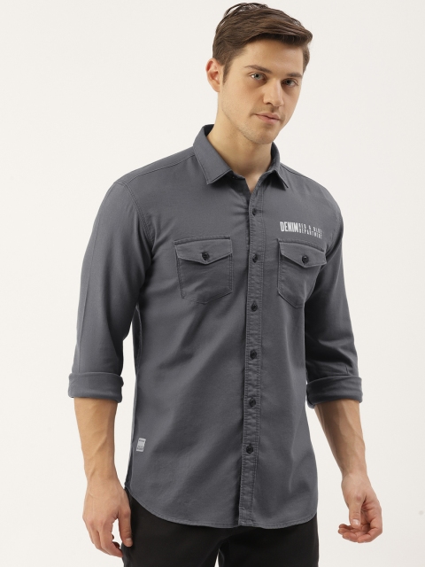 

RED & BLUE Men Charcoal Grey Slim Fit Solid Pure Cotton Casual Shirt