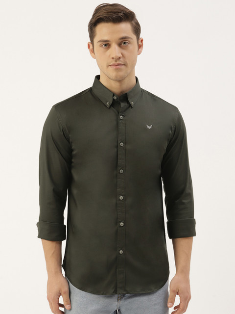 

RED & BLUE Men Olive Green Pure Cotton Knitted Regular Fit Solid Casual Shirt