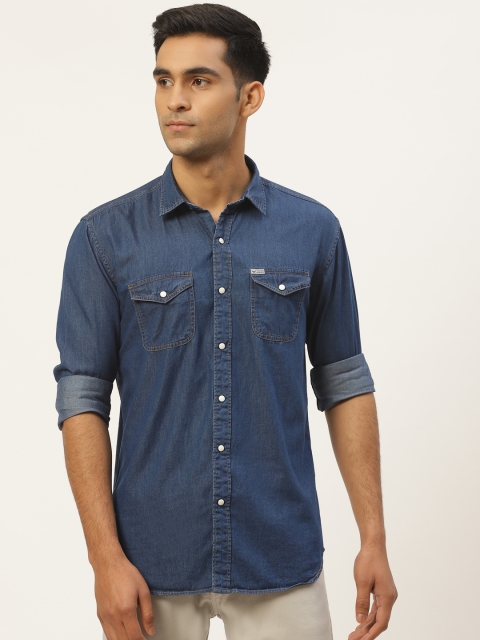 

RED & BLUE Men Navy Blue Regular Fit Solid Denim Casual Shirt