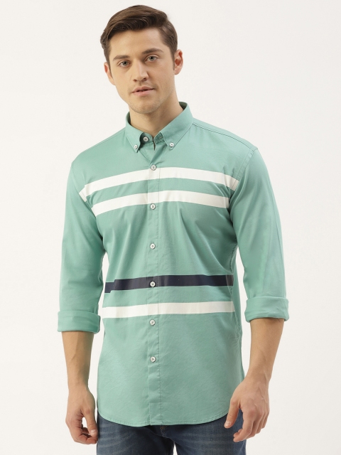 

RED & BLUE Men Green Regular Fit Striped Pure Cotton Casual Shirt