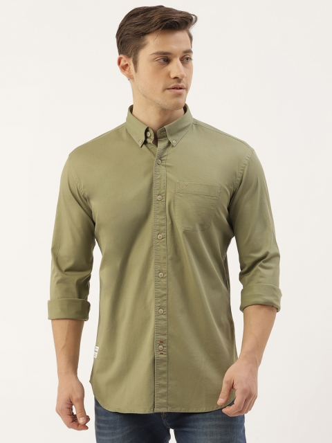 

RED & BLUE Men Olive Green Regular Fit Solid Pure Cotton Casual Shirt