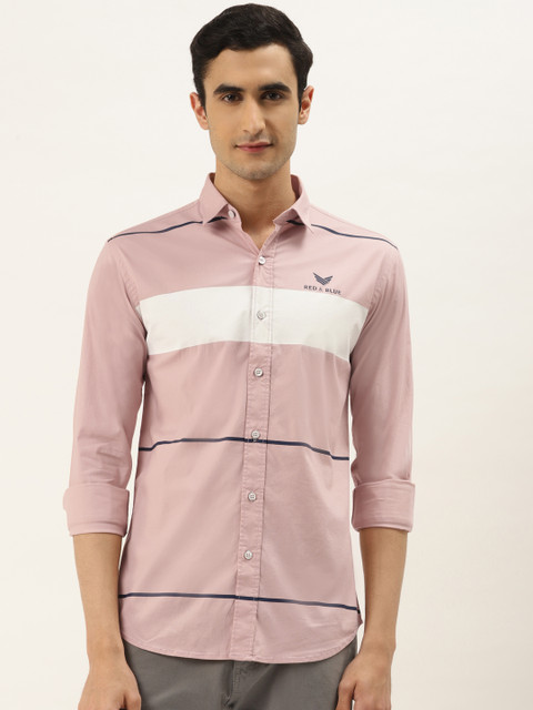 

RED & BLUE Men Pink & White Regular Fit Colourblocked Knitted Pure Cotton Casual Shirt