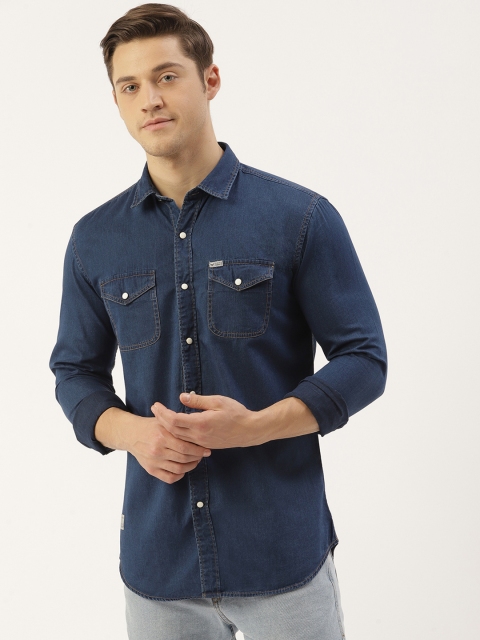 

RED & BLUE Men Navy Blue Regular Fit Solid Pure Cotton Denim Casual Shirt