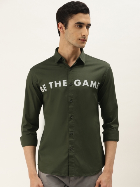 

RED & BLUE Men Olive Green & Grey Regular Fit Printed Knitted Pure Cotton Casual Shirt