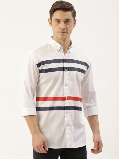 

RED & BLUE Men White & Navy Blue Slim Fit Striped Pure Cotton Casual Shirt