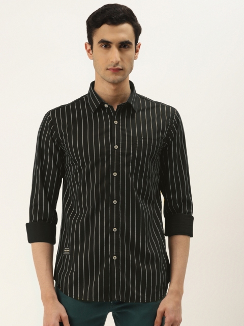 

RED & BLUE Men Black & Beige Regular Fit Striped Pure Cotton Casual Shirt