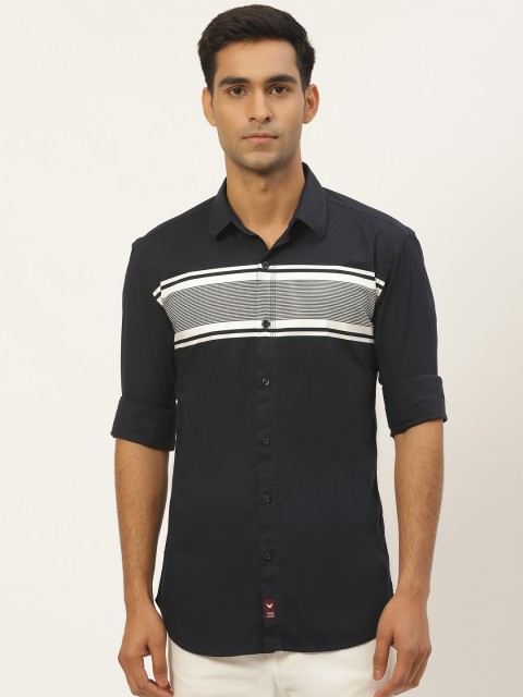 

RED & BLUE Men Navy Blue Regular Fit Striped Detail Knitted Pure Cotton Casual Shirt