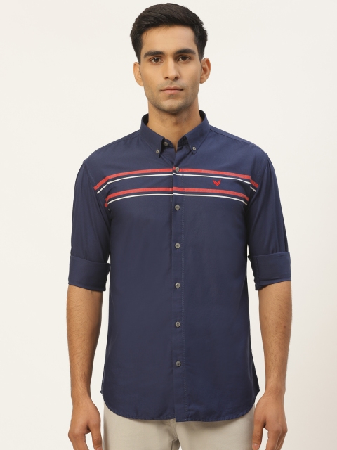 

RED & BLUE Men Navy Blue & Red Pure Cotton Regular Fit Striped Casual Shirt