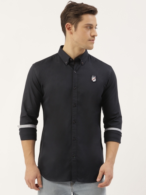 

RED & BLUE Men Navy Blue Pure Cotton Regular Fit Self Design Casual Shirt