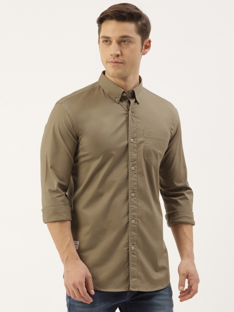 

RED & BLUE Men Olive Green Pure Cotton Knitted Regular Fit Solid Casual Shirt