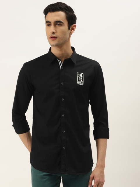 

RED & BLUE Men Black Regular Fit Printed Detail Pure Cotton Knitted Casual Shirt