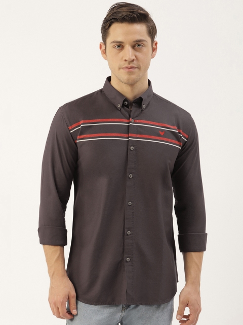 

RED & BLUE Men Charcoal Grey Slim Fit Striped Pure Cotton Casual Shirt, Taupe