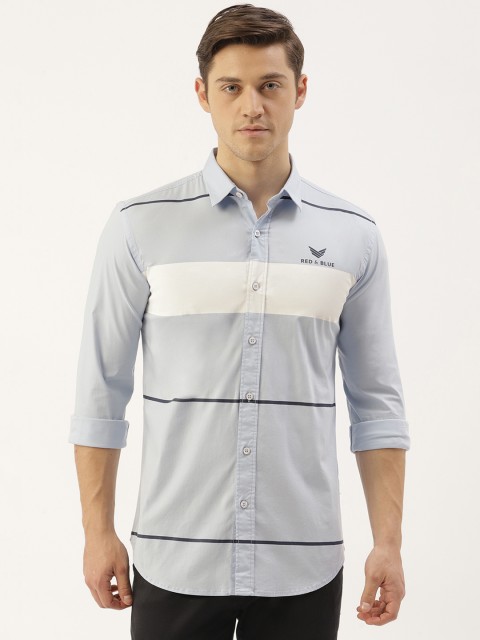 

RED & BLUE Men Blue & White Slim Fit Striped Pure Cotton Casual Shirt