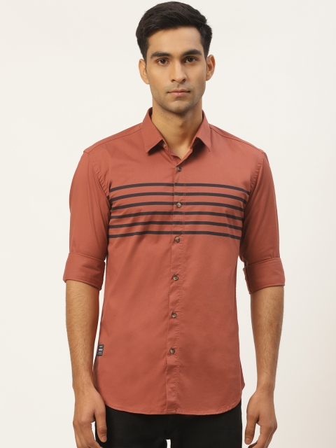 

RED & BLUE Men Rust Orange & Navy Blue Pure Cotton Knitted Regular Striped Casual Shirt